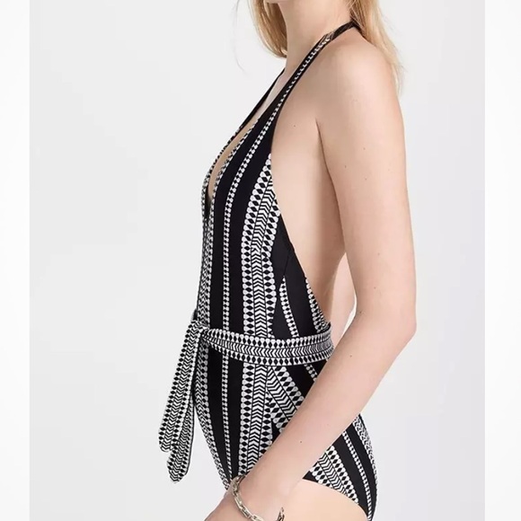 Lemlem x Free People XS Belted Deep-V Black Striped Halter 1Pc Swimsuit Morocco - Picture 10 of 13